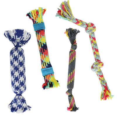 rocket and rex rope toys have rubber and crackle for extra chewing fun