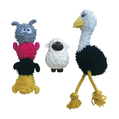 rocket and rex 3 pack chew toy set includes a rubber sheep with a squeaker, stuffing free chicken rope toy and a microfiber caterpillar with a tennis ball in head